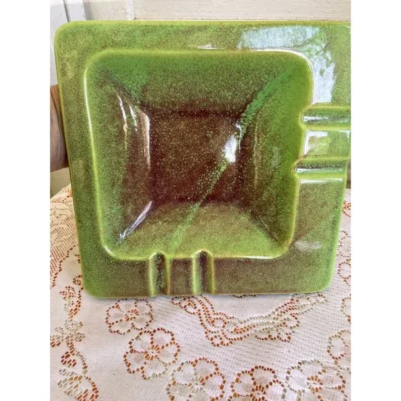 Vintage Mcm 1960s Green & Brown Glazed Ceramic Ashtray - Picture 3 of 9